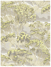 A section of wallpaper with a natural botanical pattern featuring trees in beige, brown, and green colors on a light background. Trees Wallpaper – Natural | Elegant Nature Inspired Wall Covering
