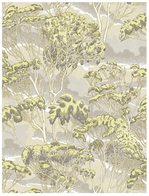 A section of wallpaper with a natural botanical pattern featuring trees in beige, brown, and green colors on a light background. Trees Wallpaper – Natural | Elegant Nature Inspired Wall Covering
