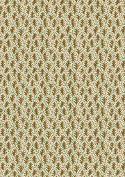 Fabric featuring a repeating pattern of trees in various shades of beige, brown, and green.