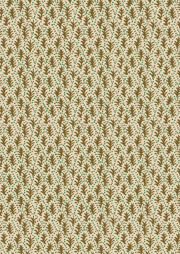 Fabric featuring a repeating pattern of trees in various shades of beige, brown, and green.