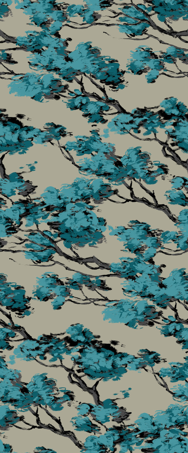 A wallpaper with a turquoise grasscloth pattern and interspersed cypress trees. Turquoise Wallpaper – Cypress | 34" Fineweave Texture, By Yard
