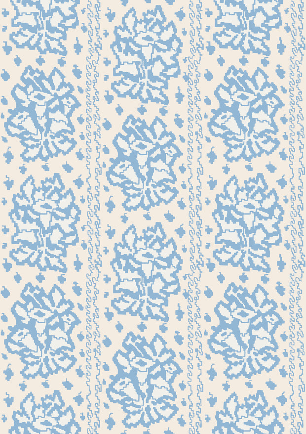 A close-up view of blue wallpaper with a floral pattern. Blue Tussie Mussie Wallpaper – Double Roll | Floral Half Drop