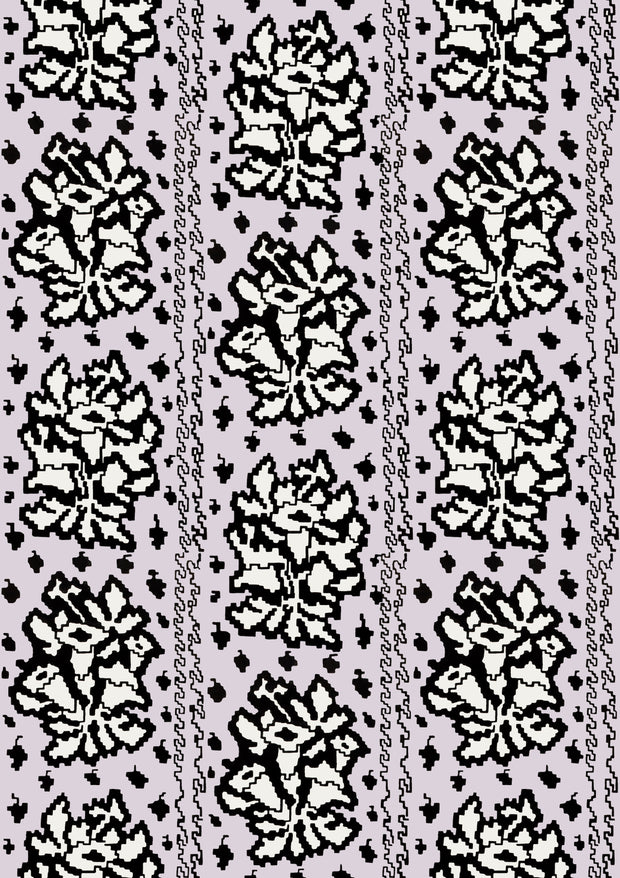 A close-up view of a wallpaper with a floral pattern in black and purple colors.
