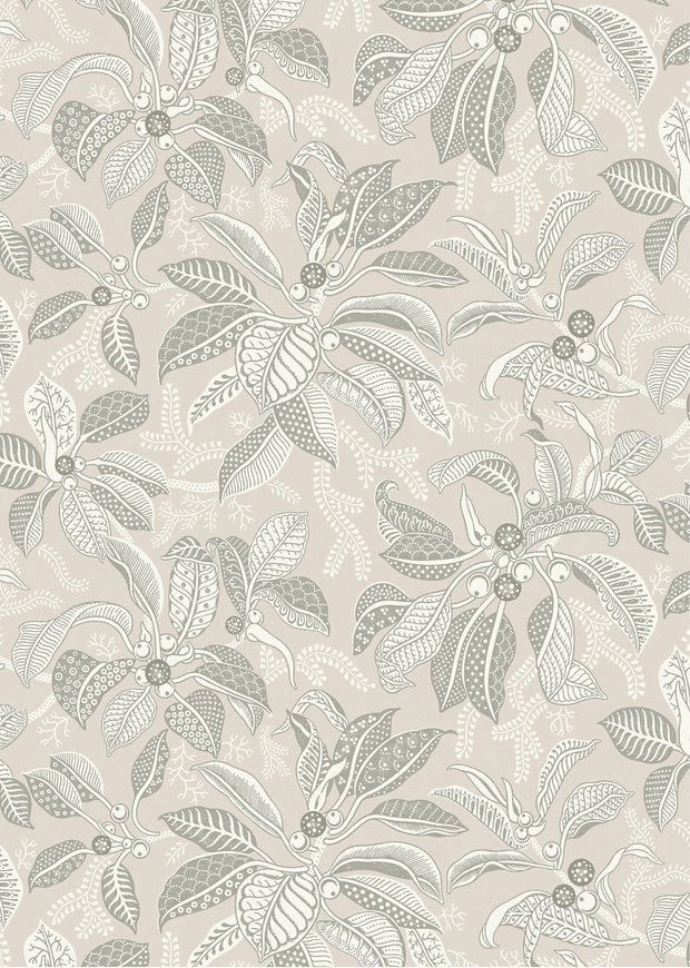 A section of wallpaper with a floral pattern, predominantly in beige and white colors - Khaki - WP | Fig Wallpaper by Yard, 28" Trimmed, 5-Yard Minimum 
