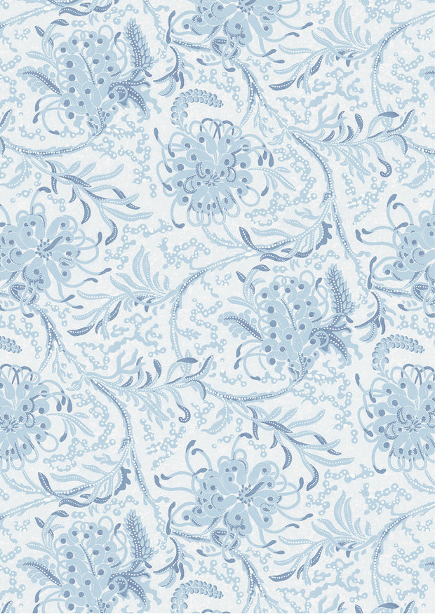A wallpaper with a blue floral pattern on a white background - Blue - WP | Grevillea Wallpaper by Yard, 28" Trimmed, 5-Yard Minimum