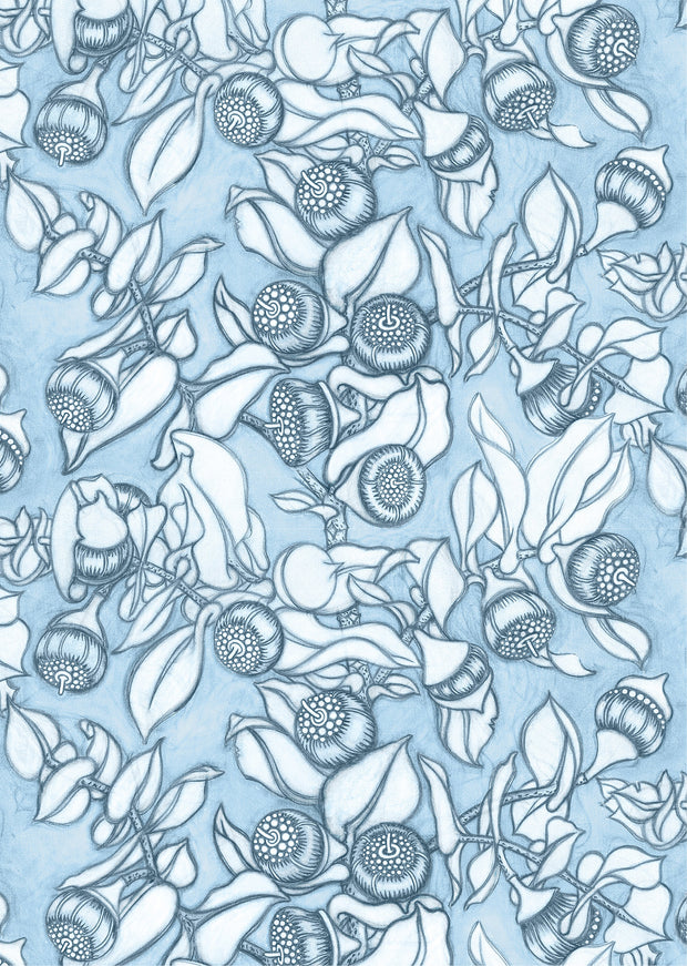 A section of wallpaper with a blue background and a floral pattern featuring various flowers and fruit illustrations in a sketch style.