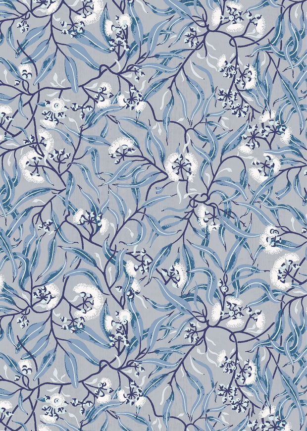 A wallpaper with a floral pattern featuring blue and gray colors on a white background.