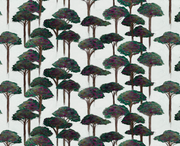 A wallpaper featuring a pattern of green and brown pine trees on a light background.
