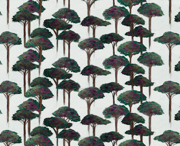 A wallpaper featuring a pattern of green and brown pine trees on a light background.