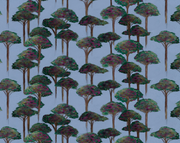 A wallpaper featuring a pattern of umbrella pines trees in various shades of blue, brown, and green on a grasscloth texture.
