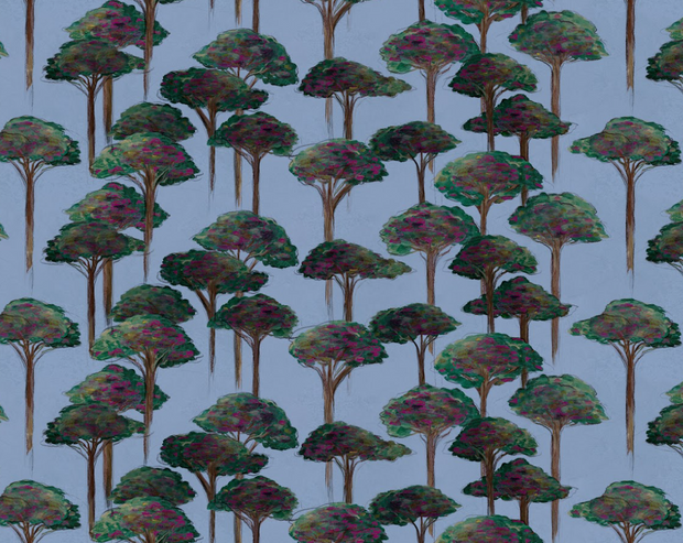 A wallpaper featuring a pattern of umbrella pines trees in various shades of blue, brown, and green on a grasscloth texture.
