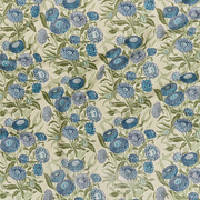 A piece of fabric featuring a floral pattern with blue flowers on a beige background.
