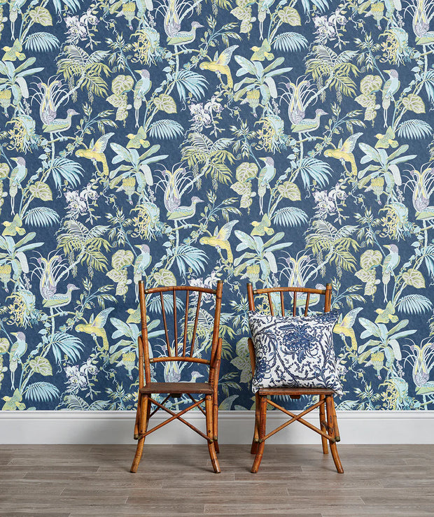 Paradise Wallpaper – Blue | Tropical Designer Wall Covering by Yard
