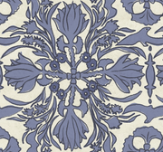 A close-up view of a wallpaper with a vintage floral pattern featuring beige and blue colors on a light background.