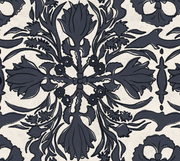 A yard of wallpaper with a vintage scarf design featuring a repeated floral pattern in beige, black, and gray colors on a white background.