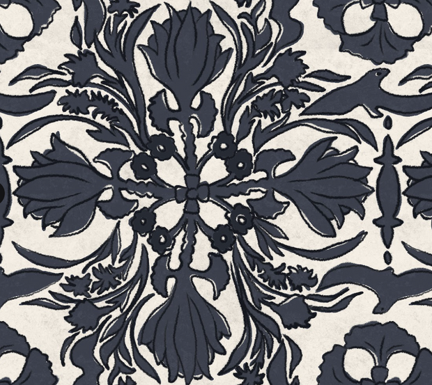 A yard of wallpaper with a vintage scarf design featuring a repeated floral pattern in beige, black, and gray colors on a white background.