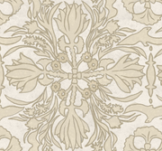 A close-up view of a wallpaper with a vintage floral scarf pattern in beige and white colors.