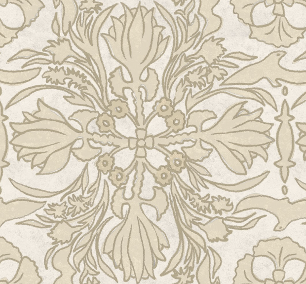 A close-up view of a wallpaper with a vintage floral scarf pattern in beige and white colors.