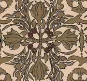 A close-up view of a wallpaper with a vintage scarf pattern, featuring floral motifs and beige, brown, and tan colors.