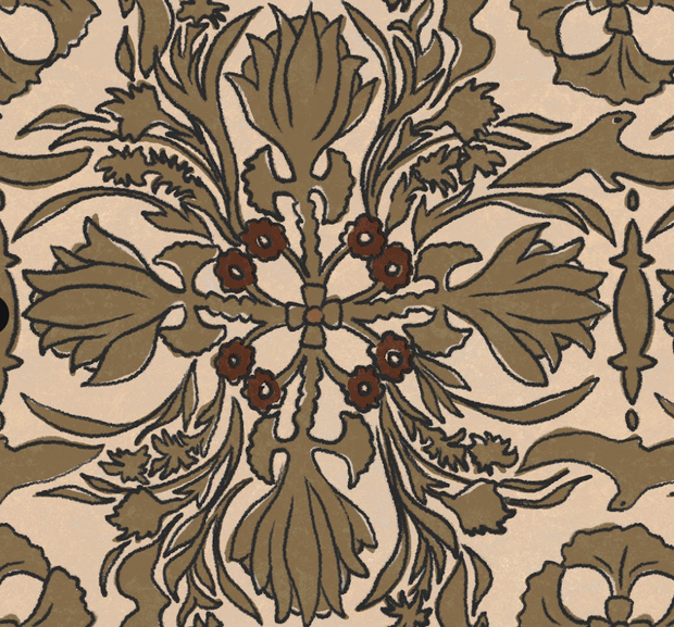 A close-up view of a wallpaper with a vintage scarf pattern, featuring floral motifs and beige, brown, and tan colors.