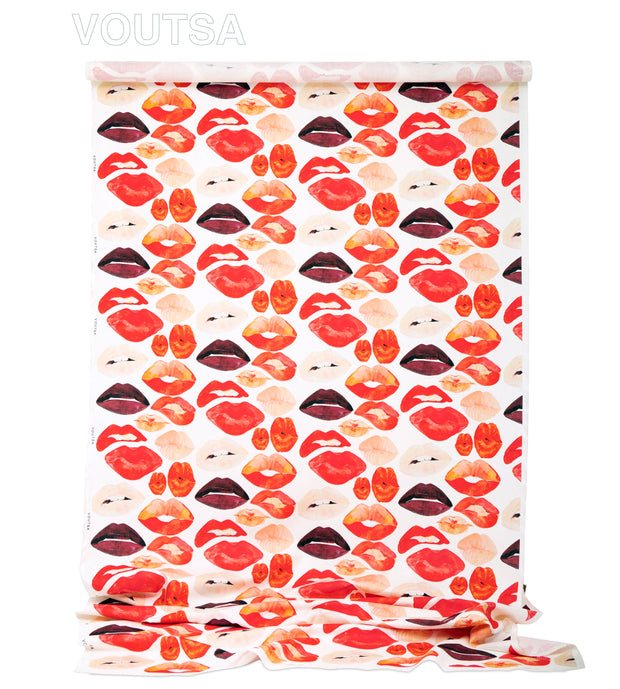 White Cotton Linen Lips Fabric – 51% Linen, 49% Cotton, 39.75" Vertical Repeat