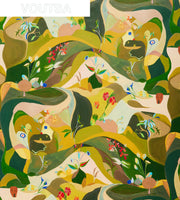 A section of wallpaper featuring an abstract design with a variety of colors including green, brown, pink, and yellow, with metallic accents.