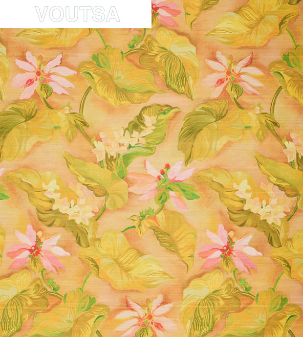 A section of floral wallpaper showcasing a pattern with green leaves and pink, orange, and yellow flowers on a beige background.
