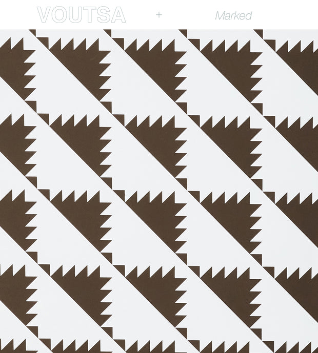 Pattern of brown and white triangles with 'VOUTSA' branding at the top - Brown & Beige Sawtooth Wallpaper – Voutsa x Marked | Screen Printed Clay Coat