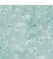 Pattern of bubbles on a textured teal background with 'VOUTSA' branding.