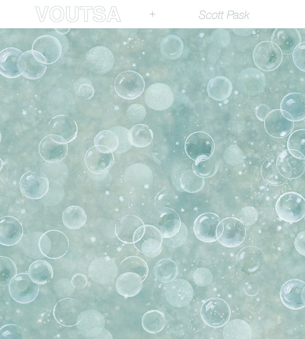 Pattern of bubbles on a textured teal background with 'VOUTSA' branding.
