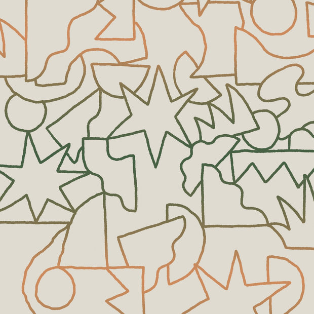 A section of wallpaper with a geometric pattern featuring various shapes in beige, green, and orange colors - Desert Brush Wallpaper | Stargazing by Yard, 27" Trimmed, 5-Yard Minimum