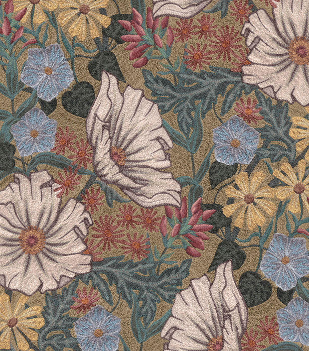 Antique floral wallpaper with a variety of flowers in shades of blue, pink, white, and yellow on a green background - Antique Wallpaper – Wild Posy Collection | Luxury Ultra Clay Coated Wallcovering