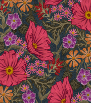 A colorful wallpaper featuring a floral pattern with prominent pink flowers, green leaves, and a variety of other smaller flowers in orange and purple - Coral Wallpaper – Wild Posy Collection | Luxury Ultra Clay Coated Wallcovering