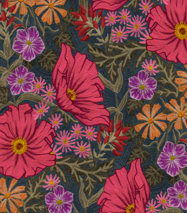 A colorful wallpaper featuring a floral pattern with prominent pink flowers, green leaves, and a variety of other smaller flowers in orange and purple - Coral Wallpaper – Wild Posy Collection | Luxury Ultra Clay Coated Wallcovering