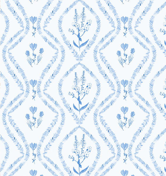 A section of blue and white floral wallpaper with a geometric pattern.
