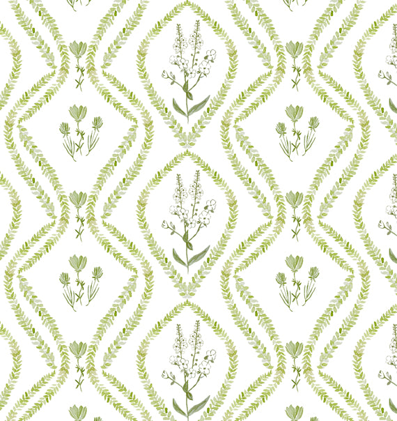 A wallpaper with a green floral pattern on a white background.