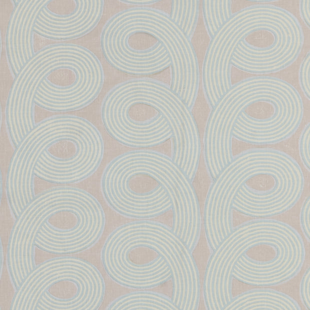 A yard of fabric featuring a beige background with a blue geometric spiral pattern.