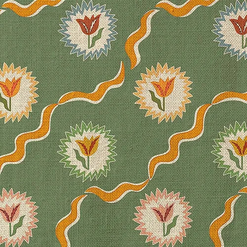 Shop Green fabric - Tulips of Belgravia at Supply Showroom. Made from 82% viscose and 18% linen, 142cm wide with a 22.5cm x 37.5cm repeat. Sold by the yard. Lead time: 6-8 weeks.