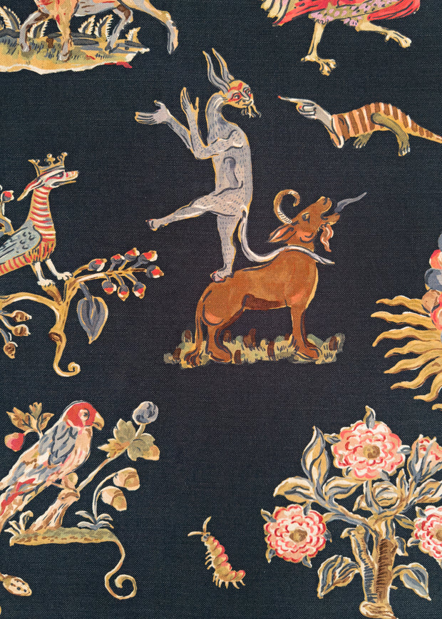 Black - Bestiary Fabric - Cotton Linen Half Drop Print | Supply Showroom