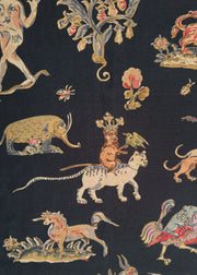 Fabric with a bestiary pattern featuring various animals illustrated in a vintage style on a black background.