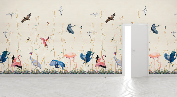 Beige - WP | Birds Wallpaper on Non Woven Vellum Panels