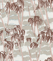 A wallpaper with a pattern of drawings of palm trees in various shades of red, brown, and green - Breeze Wallpaper in Deep Red | 28" Width, Sold by the Yard, 2–4 Weeks
