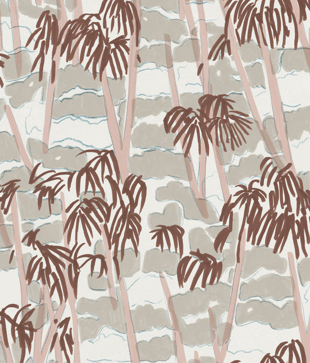 A wallpaper with a pattern of drawings of palm trees in various shades of red, brown, and green - Breeze Wallpaper in Deep Red | 28" Width, Sold by the Yard, 2–4 Weeks