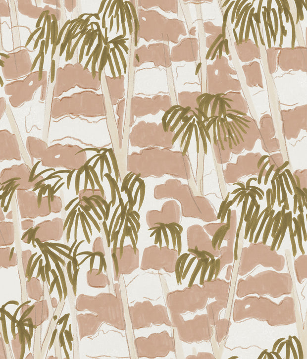 A wallpaper featuring a pattern of trees with beige trunks and green leaves - Breeze Wallpaper in Gold Sunset | 28" Width, Sold by Yard, 2–4 Weeks