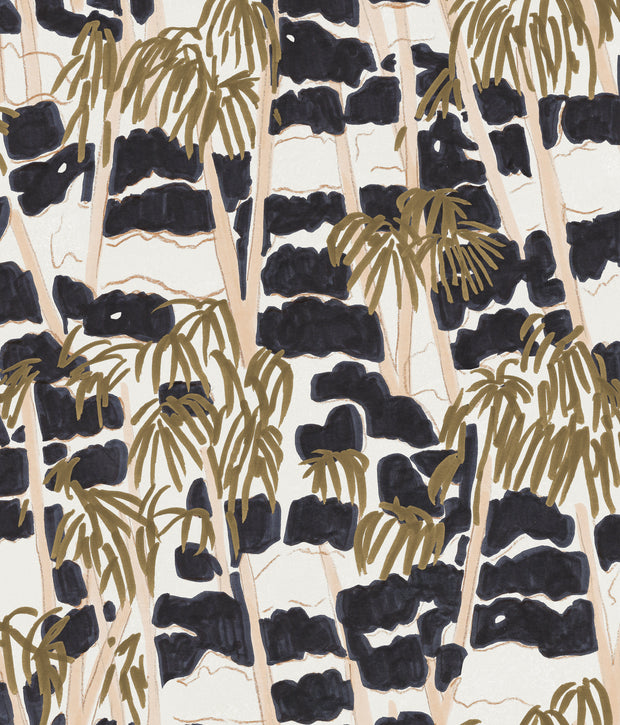 A wallpaper with a pattern of black and beige trees against a white background - Breeze Wallpaper in Night | 28" Width, Sold by Yard, 2–4 Weeks
