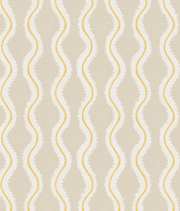 A wallpaper with a geometric pattern consisting of stripes in beige, white, and yellow colors - Coco Wallpaper in Day | 28" Width, Sold by Yard, 2–4 Weeks