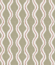 A section of wallpaper with a geometric pattern featuring brown, green, and white stripes.