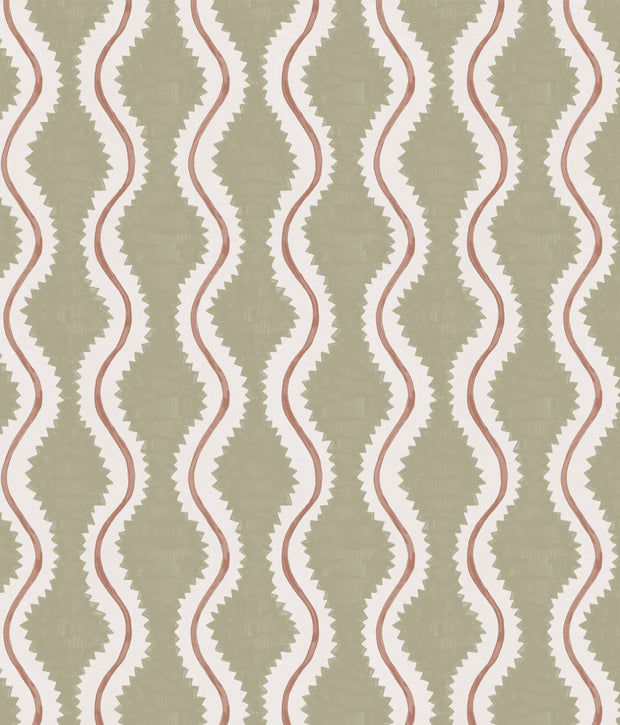 A section of wallpaper with a geometric pattern featuring brown, green, and white stripes.