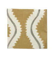 A fabric featuring a geometric pattern with stripes in various shades of brown, gray, mustard, tan, and white.