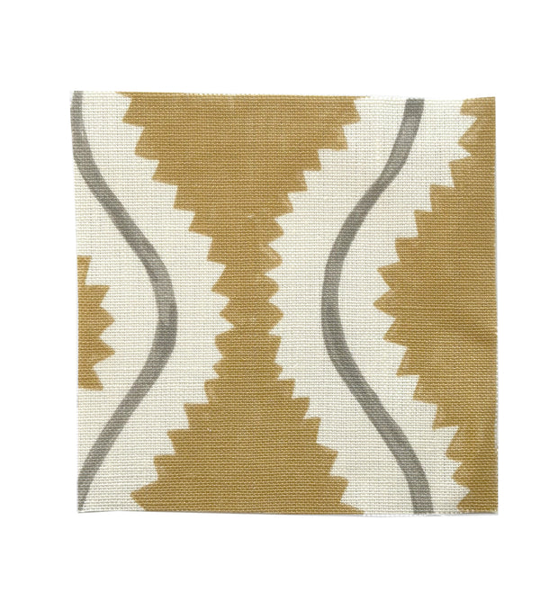 A fabric featuring a geometric pattern with stripes in various shades of brown, gray, mustard, tan, and white.